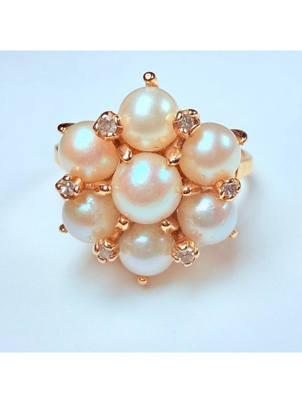 Estate 14K Solid Yellow Gold Pearl Cluster & Natural Diamond Accent Vintage Ring
